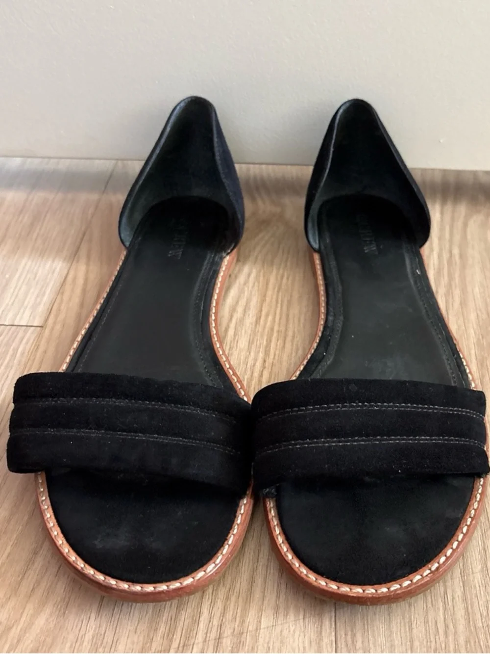 J. Crew Black Suede Open-Back Sandals with Brown Trim